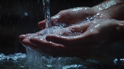 Water flowing onto cupped hands.