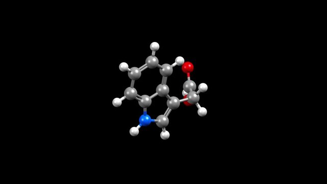 Structure of indole-3-acetic acid (auxin). Animated 3D ball-and-stick and space-filled models, black background.