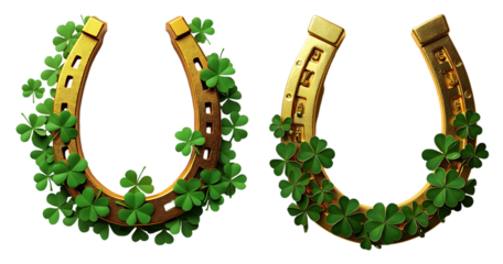 Golden Horseshoes Decorated with Green Clover Leaves Symbolizing Luck and Fortune isolated on a white background