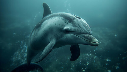 Fototapeta premium Underwater portrait of a striped dolphin swimming gracefully near the ocean floor.