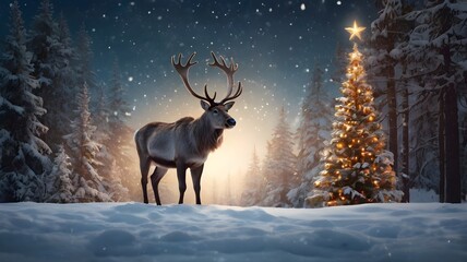 Naklejka premium majestic reindeer and Christmas tree in the magical winter snowy forest 