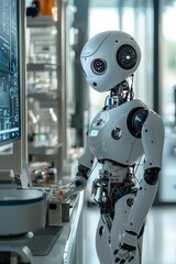 Autonomous robot analyzing data on a screen in a laboratory, modern background with equipment and clean surfaces,