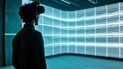 Person wearing headset views virtual wavy light display.