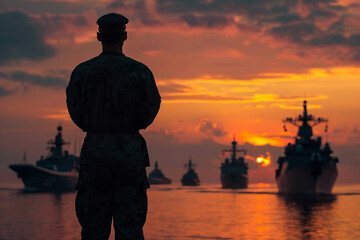 Generative AI Coast Guard Lifeguard Standing in Harbor at Sunset