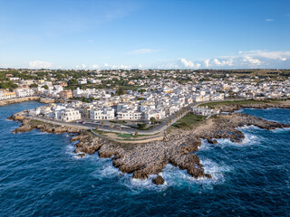 Aerial drone view of the coastal town named Santa Maria Al Bagno in Puglia, southern Italy.