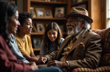 An elderly African American man shares his life story with the younger generation in celebration of Black History Month. The background shows the heritage of culture and family values. The photo conve