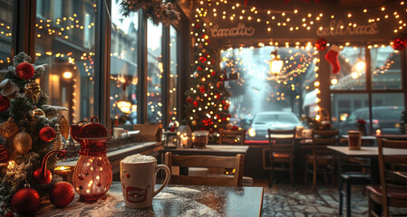 Cafe, coffee, Christmas, indoor Christmas and decorations, winter, warm atmosphere.