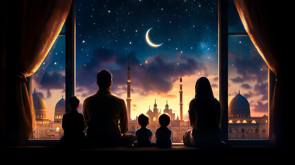Ramadan Kareem greeting. Family at window looking at Islamic city with mosque skyline, crescent moon and stars. Muslim parents and children pray. Mother, father and kids celebrate end of fasting.