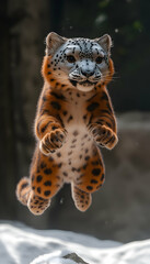 Fototapeta premium Adorable snow leopard cub leaps playfully in mid-air, against a blurred background of snow.