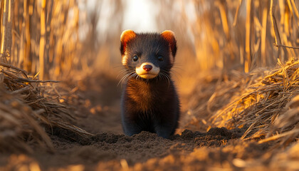 Adorable young polecat in golden field.