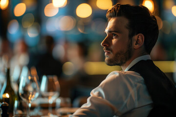 Generative AI Image of Waiter or Waitress Working in Fast Food Cafe Restaurant with Warm Ambient Lighting