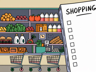 Illustrated grocery shopping scene with carts and checklist in a supermarket