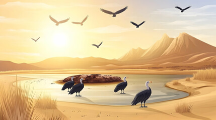 Naklejka premium Birds near a lake at sunset in a desert landscape.