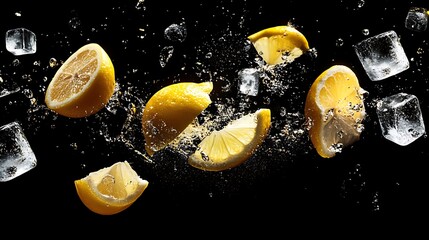 Refreshing Lemon Slices and Ice Cubes Splashing in Water Against Black Background: A Vivid Culinary Image