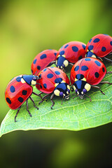 Fototapeta premium Close-up of red ladybugs with black spots on a green leaf.