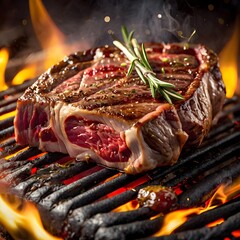 Juicy grilled steak sizzling over open flames, seasoned with fresh herbs, creating a mouthwatering barbecue scene perfect for food lovers.