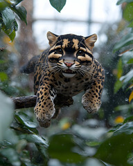Obraz premium Clouded leopard leaping from branch in snowy scene.