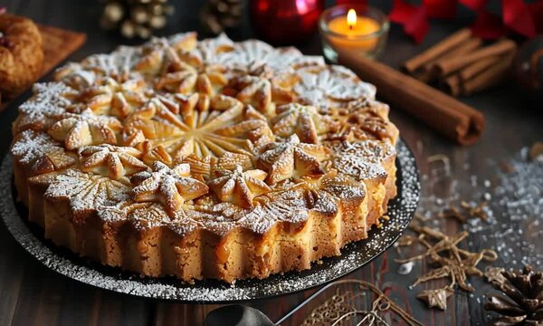 Galette des Rois traditionnelle en tranche, d&eacute;cor&eacute;e pour l'&Eacute;piphanie avec ornements festifs, fond sombre et ambiance &eacute;l&eacute;gante Janvier