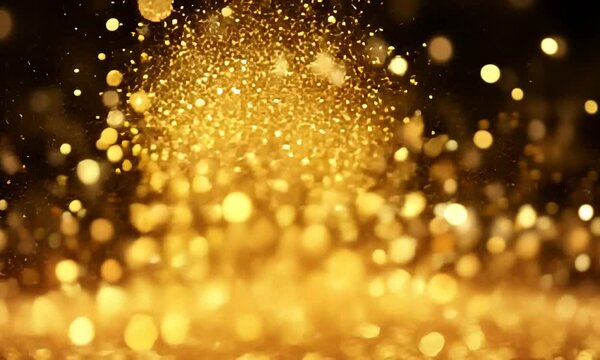 Explosion de paillettes dor&eacute;es scintillantes sur fond sombre, effet lumineux et festif pour c&eacute;l&eacute;brations, ambiance glamour et luxueuse Nouvel an, anniversaire, f&ecirc;te, no&euml;l