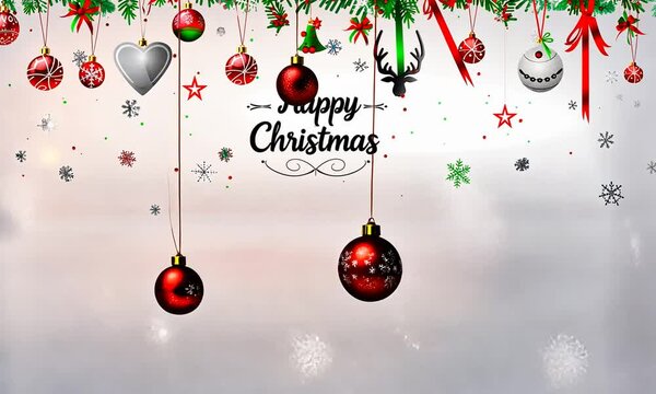 D&eacute;corations de No&euml;l suspendues avec cadeaux rouges, boules et &eacute;toiles, texte "Merry Christmas" en anglais, ambiance festive et hivernale sur fond blanc avec espace n&eacute;gatif copyspace.