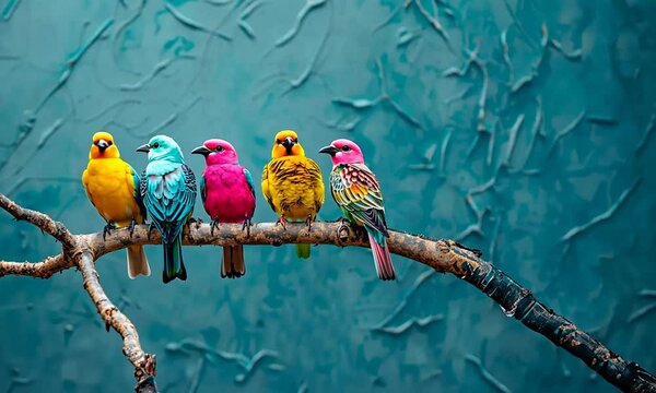 Groupe de cinq oiseaux color&eacute;s perch&eacute;s sur une branche, fond bleu textur&eacute;, biodiversit&eacute; menac&eacute;e et de la disparition des esp&egrave;ces animales dans la nature et des oiseaux