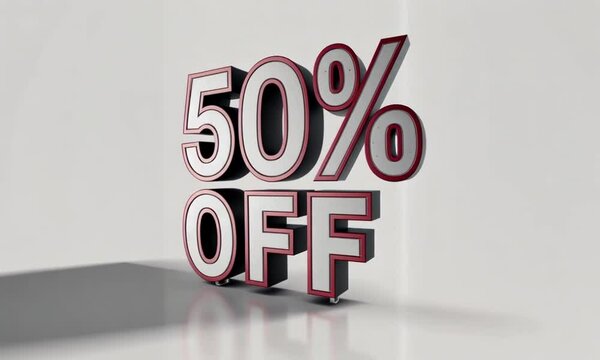 Texte en anglais "50% OFF" en volume 3D sur fond clair avec espace n&eacute;gatif copyspace, typographie promotionnelle brillante dont le texte pivote, remise, soldes, black friday et r&eacute;duction