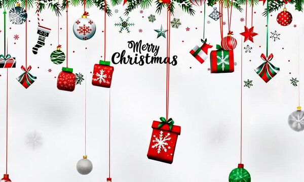 D&eacute;corations de No&euml;l suspendues avec cadeaux rouges, boules et &eacute;toiles, texte "Merry Christmas" en anglais, ambiance festive et hivernale sur fond blanc avec espace n&eacute;gatif copyspace.