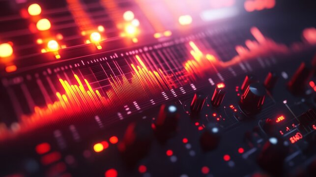 Red illuminated soundboard with knobs and audio waves.