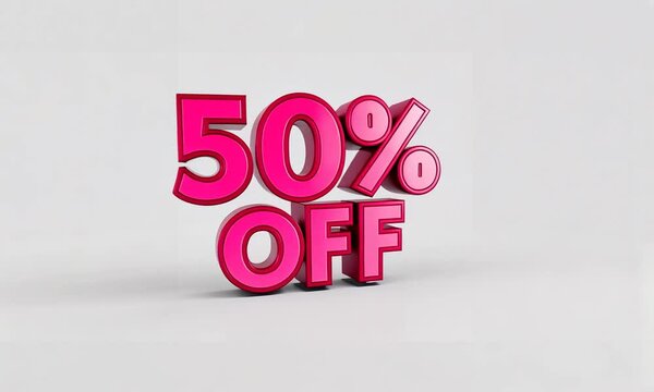 Texte "50% OFF" en anglais, typographie 3D rose vif sur fond clair, message commercial moderne pour soldes et campagnes promotionnelles