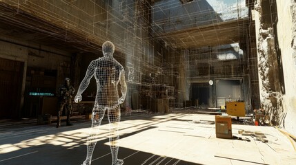 Wireframe figure in dilapidated building, construction lines.