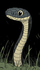 Fototapeta premium Cute cartoon snake with large eyes emerging from grass.