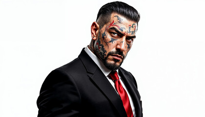 Obraz premium A stoic Japanese Yakuza gangster in a tailored suit, showcasing tattoos symbolizing strength and honor.