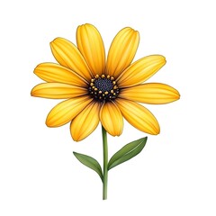 Fototapeta premium Vibrant Yellow Flower with Detailed Petals and Green Leaf on White Background for Nature Themes and Floral Designs