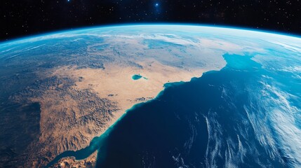 Ultra detailed, photorealistic image of Earth from space with a view of the Suez Canal