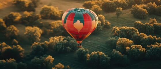 Fototapeta premium Colorful hot air balloon soaring above lush green fields during golden hour