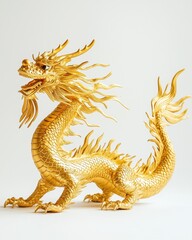 Fototapeta premium Golden Chinese Dragon Statue on White Background Symbolizing Wealth Power Prosperity and Asian Culture