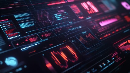 Obraz premium Glowing screen displays data; graphs, text.