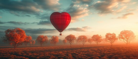 Fototapeta premium Colorful heart-shaped hot air balloons float over a serene landscape at sunset with blooming pink trees