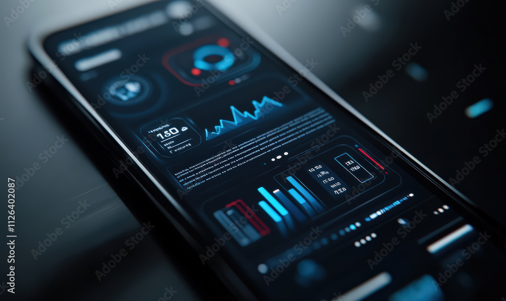 Wall mural modern smartphone app interface sleek design data visualization technology digital screen close up b