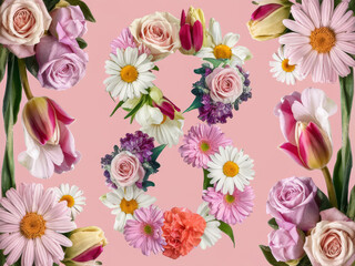 Colorful floral arrangement forming number three on pink background