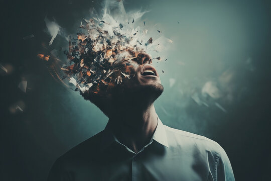 man with his head exploding in fragments, symbolizing the impact of anxiety on mental health. The background is dark and moody to emphasize the emotional intensity.