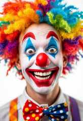 Obraz premium A cheerful clown with vibrant face paint, accessories, and a wide smile, on a white background.