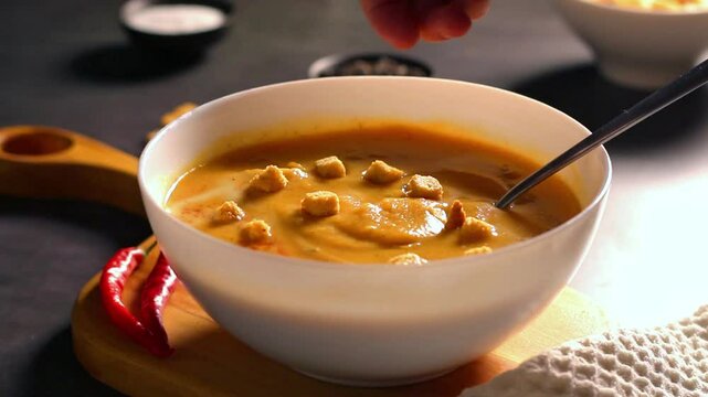 Woman adding rusks to pumpkin soup. Tasty homemade food. Served table with bowl of cream soup, chili pepper on wooden tray.