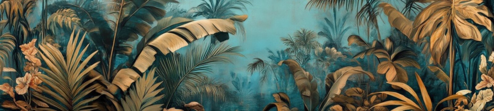 Fototapeta Realistic jungle wallpaper with vintage graphic design and precisionist details