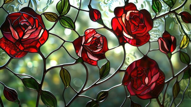 Red rose flower Stained glass window 