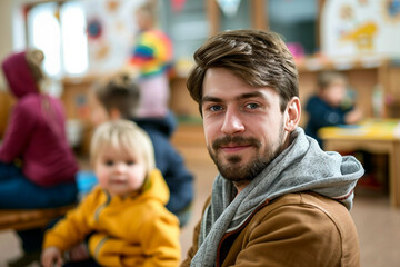 Generative AI Image of Male Babysitter or Teacher in Nursery Engaging with Children in Playful Setting
