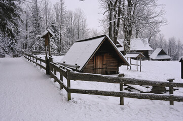 Polish Mountain House in the Snowy Mountains of Zakopane, Tatra Mountains National Park. Polish Chalet Architecture in a Winter Wonderland
