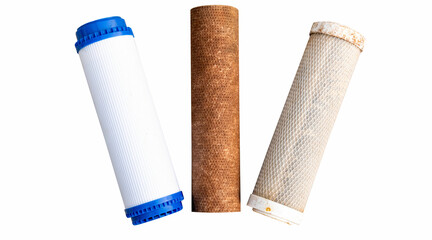 Dirty used filter cartridge set used water filter core background separation