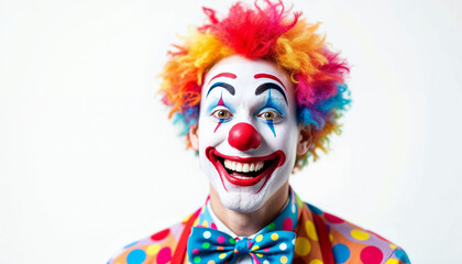 A cheerful clown with vibrant face paint, accessories, and a wide smile, on a white background.


