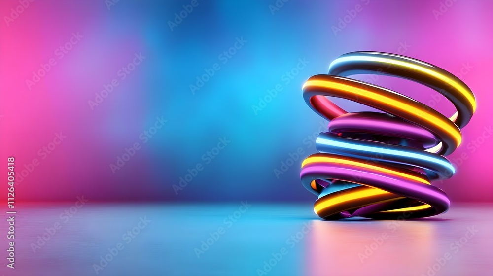 Aufkleber colorful abstract 3d spiral shapes with glowing neon light lines on a vibrant gradient background, c